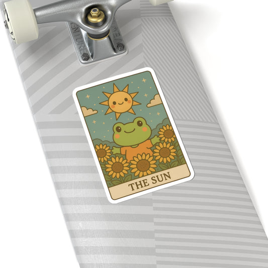 Whimsical Tarotoads! "The Sun" Kiss-Cut Sticker | Cute Sunflower Decal, Nature-Inspired Laptop Stickers, Happy Frog Art, Eco-Friendly Gift